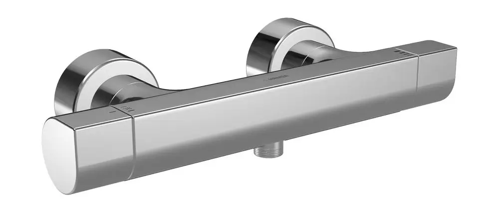 Brausebatterie von HANSA in Chrom-Optik, mit zwei runden Bedienknöpfen und einem rechteckigen Gehäuse, zur Montage an der Wand.